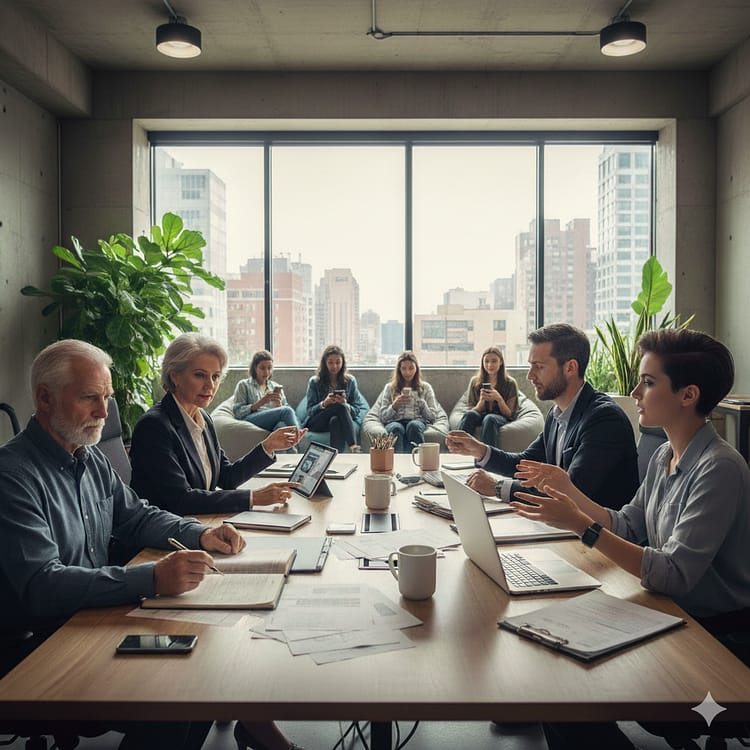צילום אילוסטראטיבי לארבע דורות של מנהלים ביצוע:Nano Banana